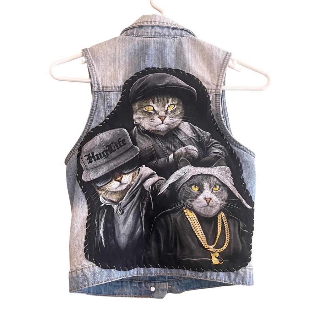 Handmade Upcycled Gangster Cat Streetwear Studded Grunge Denim Vest Blue Medium